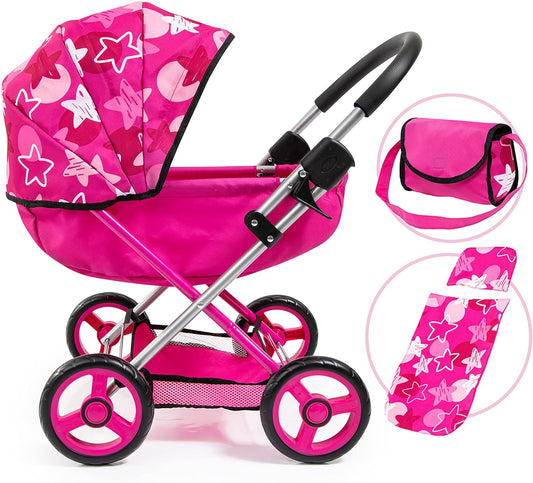 Baby Doll Stroller Pram for Toddlers, Foldable with Bag and Blanket, Modern Pink with Stars